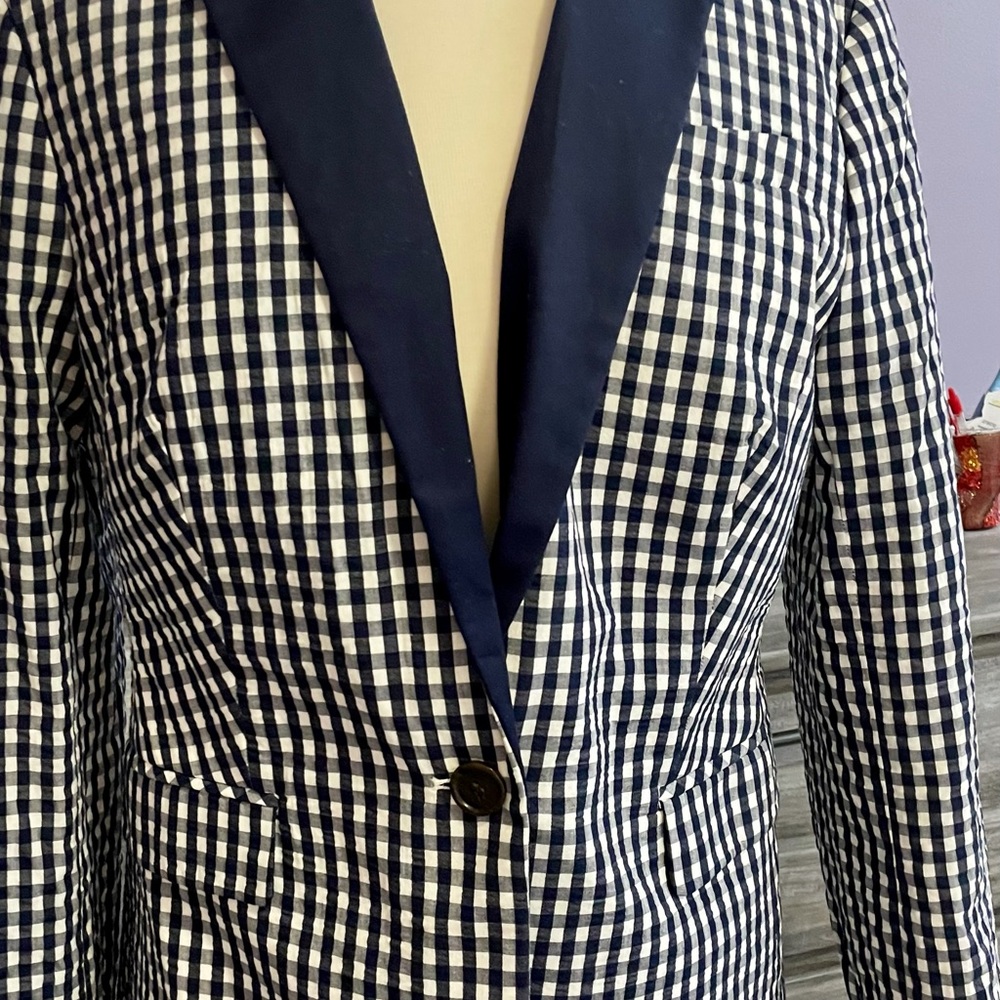 J. Crew gingham plaid cotton blazer jacket size 12 navy
